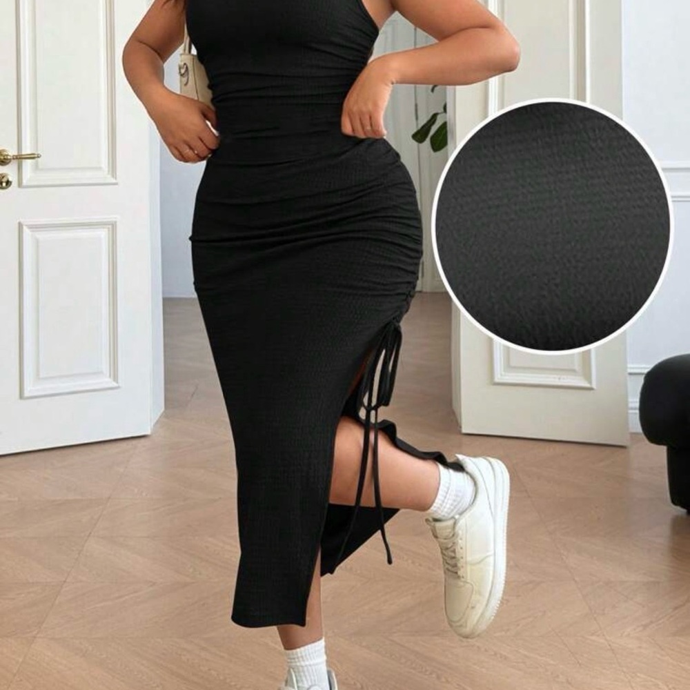 SHEIN Black Ribbed Side-Ruched Midi Dress